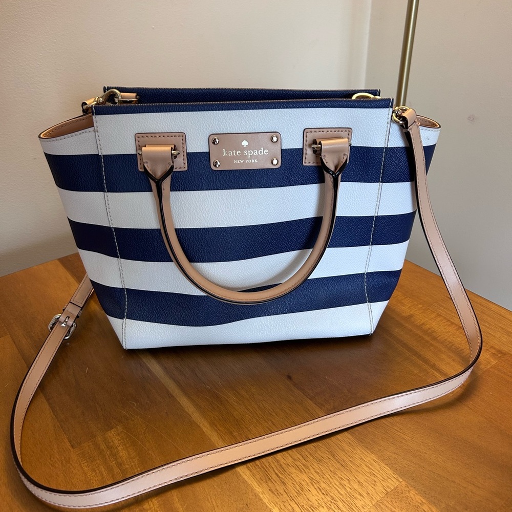kate spade Navy and White Stripe Satchel with tan trim